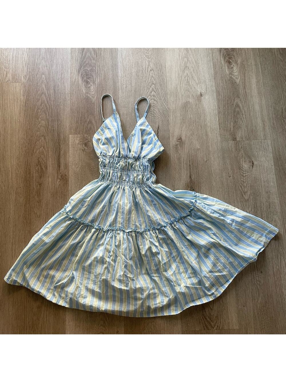 lusana rose blue & green stripe gathered tiered ruffle mini sun dress small